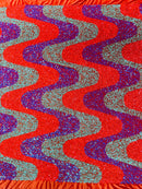 Wavy Line Design Velvet Sequins - Lilac /Orange/Green - Velvet Sequins Fabric 2 Way Stretch 58"- 60" By Yard