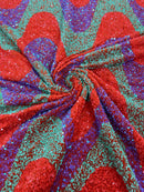 Wavy Line Design Velvet Sequins - Lilac /Orange/Green - Velvet Sequins Fabric 2 Way Stretch 58"- 60" By Yard