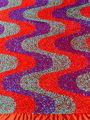 Wavy Line Design Velvet Sequins - Lilac /Orange/Green - Velvet Sequins Fabric 2 Way Stretch 58"- 60" By Yard