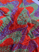 Wavy Line Design Velvet Sequins - Lilac /Orange/Green - Velvet Sequins Fabric 2 Way Stretch 58"- 60" By Yard