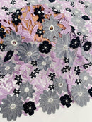 Multi-Color Guipure Lace Fabric - Lilac / Silver / Black - Floral Lace Fabric Sold by The Yard