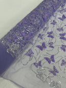 3D Butterfly Sequins Bead Fabric - Lilac / Silver - Sequins Embroidered Beaded Fabric By Yard