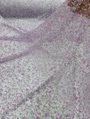 Bead/Sequins Lace Fabric - Lilac / Silver - Small Sequins and Beads Embroidered on Lace Fabric By Yard