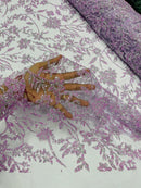 Floral Silver Bead Fabric - Lilac / Silver - Beaded Flower Design with Sequins on Lace Mesh by Yard