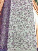 Floral Silver Bead Fabric - Lilac / Silver - Beaded Flower Design with Sequins on Lace Mesh by Yard