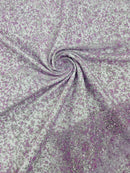 Bead/Sequins Lace Fabric - Lilac / Silver - Small Sequins and Beads Embroidered on Lace Fabric By Yard