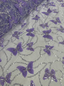 3D Butterfly Sequins Bead Fabric - Lilac / Silver - Sequins Embroidered Beaded Fabric By Yard