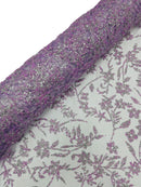Floral Silver Bead Fabric - Lilac / Silver - Beaded Flower Design with Sequins on Lace Mesh by Yard