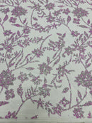 Floral Silver Bead Fabric - Lilac / Silver - Beaded Flower Design with Sequins on Lace Mesh by Yard