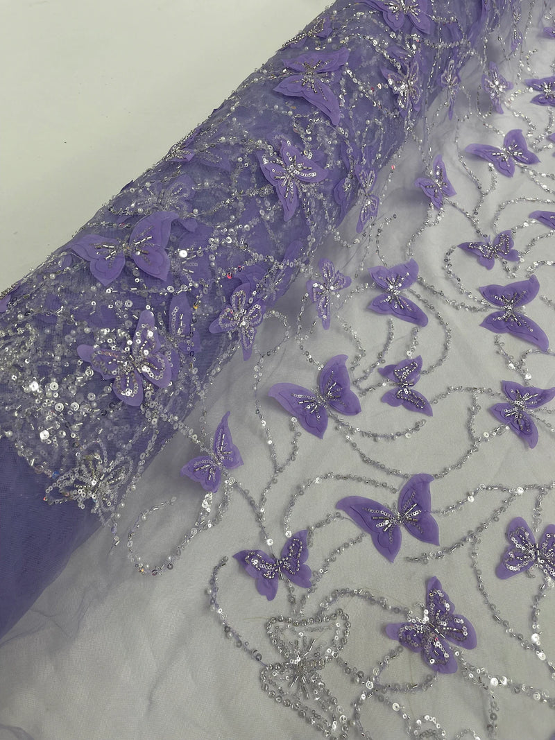 3D Butterfly Sequins Bead Fabric - Lilac / Silver - Sequins Embroidered Beaded Fabric By Yard