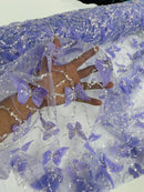 3D Butterfly Sequins Bead Fabric - Lilac / Silver - Sequins Embroidered Beaded Fabric By Yard