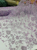 Floral Silver Bead Fabric - Lilac / Silver - Beaded Flower Design with Sequins on Lace Mesh by Yard