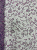 Floral Silver Bead Fabric - Lilac / Silver - Beaded Flower Design with Sequins on Lace Mesh by Yard