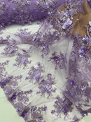 3D Flower Pearl Design - Lilac - Embroidered Sequins Floral Clusters Lace Fabric By Yard