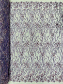 Flower Lines Bead Fabric - Lilac - Beaded Flower Fabric with Curled Long Lines Pattern By Yard