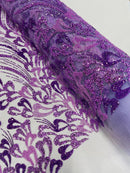 Wavy Lines Leaf Bead Fabric - Lilac - Embroidered Leaf Beaded Mesh By Yard
