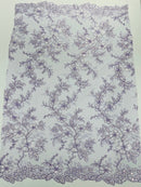 Floral Two Tone Lace Fabric - Lilac - Sequins Embroidery Floral Lace Fabric Sold By Yard