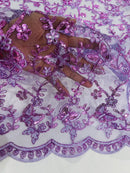 Metallic Floral Butterfly Fabric - Lilac - Embroidered Floral Butterfly Design Mesh Fabric by Yard
