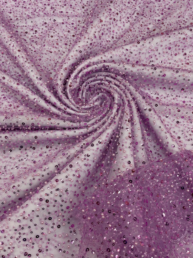 Beaded Mesh 3D Fabric - Lilac - Beaded Lace Mesh Fabric Embroidered with Small Sequins Sold By Yard