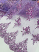 Floral Damask Bead Fabric - Lilac - Embroidered Floral Clusters with Beads / Sequins by Yard