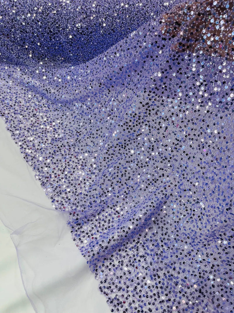 Beaded Sequins Pearl Fabric - Lilac - Embroidered Pearl Beads and Sequins on Lace By Yard