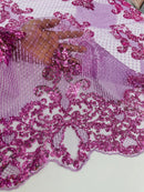King Damask Lace Fabric - Lilac - Corded Embroidery with Sequins on Mesh Lace Fabric By Yard