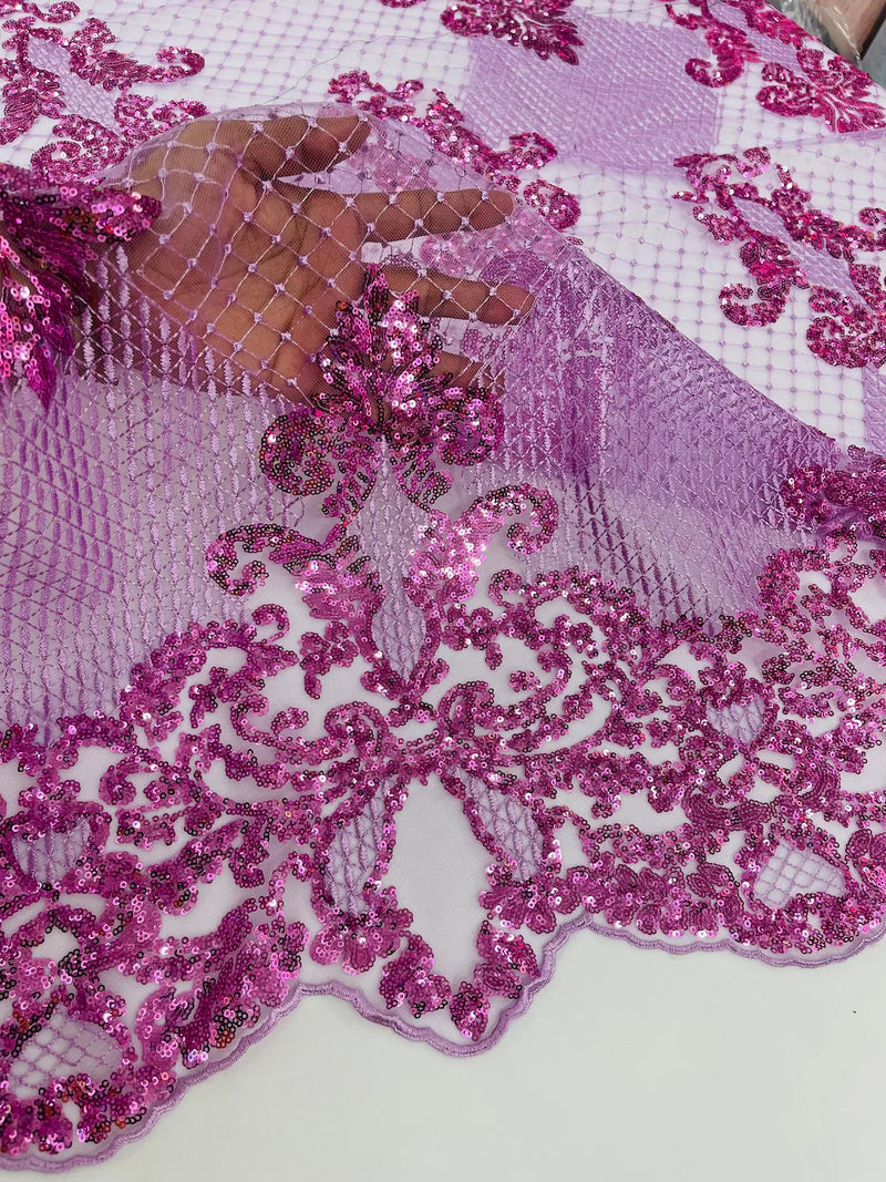 King Damask Lace Fabric - Lilac - Corded Embroidery with Sequins on Mesh Lace Fabric By Yard