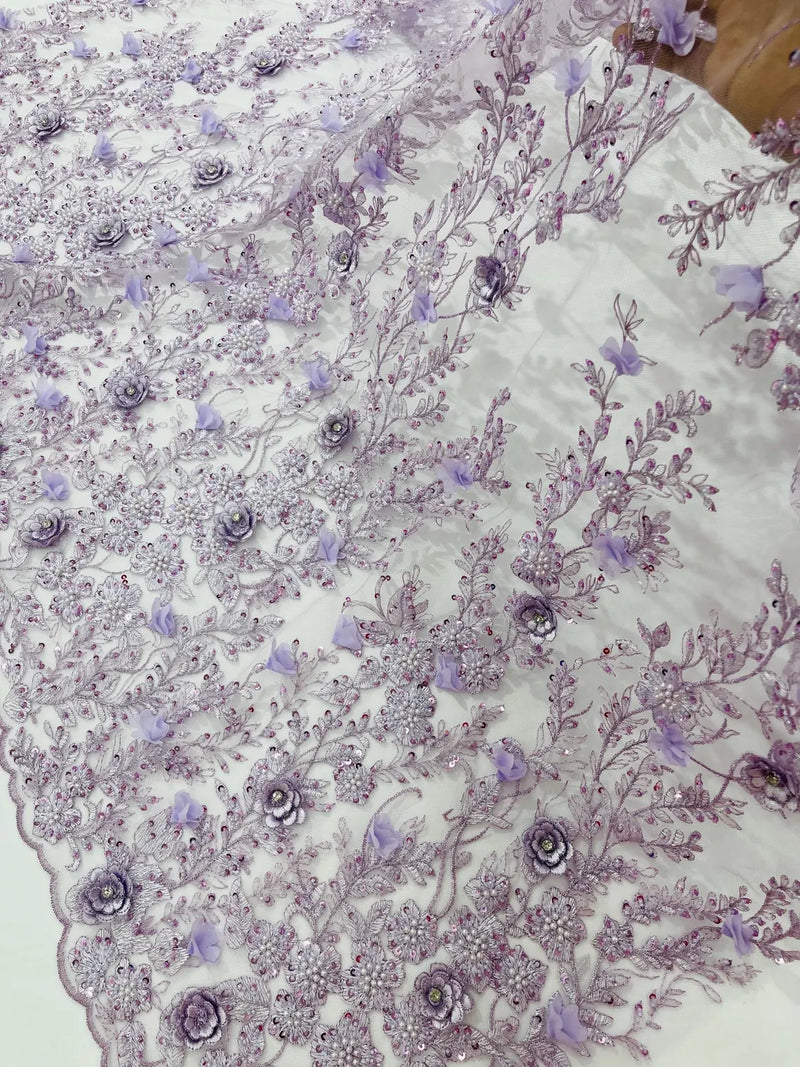 3D Rhinestone Flower Design - Lilac - Flower Sequins  Embroidered Lace Fabric By Yard