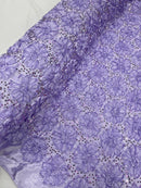 Sequins Satin Rosette Fabric - Lilac - 3D Satin Rose Sequins Floral Fabric Sold By The Yard