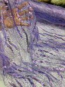 Wavy Leaf Lines Fabric - Lilac - Beaded Sequins Leaf Pattern Embroidered On Mesh By Yard