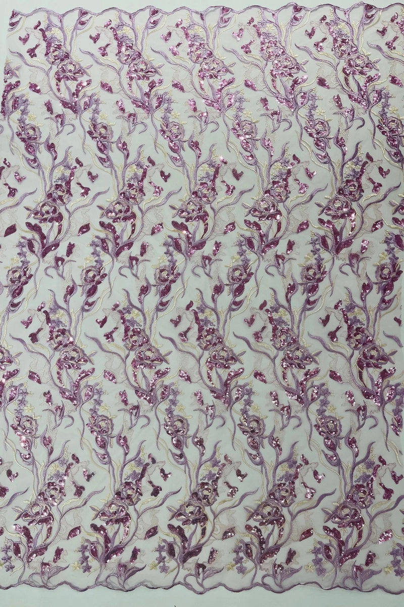 Multi-Color Floral Leaf Fabric - Lilac - Sequins Lace Flower Fabric Sold By Yard