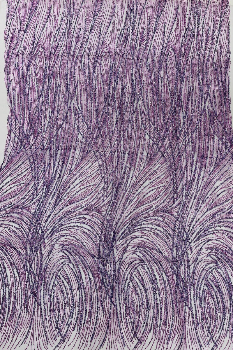 Glitter Lines on Tulle Lace Fabric - Lilac - Tulle Glitter Mesh Line Design Fabric Sold By Yard