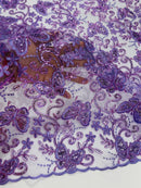 Butterflies Swirl Design - Lilac -  Metallic Sequins Butterflies on Lace Fabric By Yard