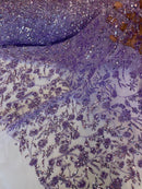 Floral Plant Bead Design - Lilac - Beaded Flower Plants Embroidered  Sequins Fabric By Yard