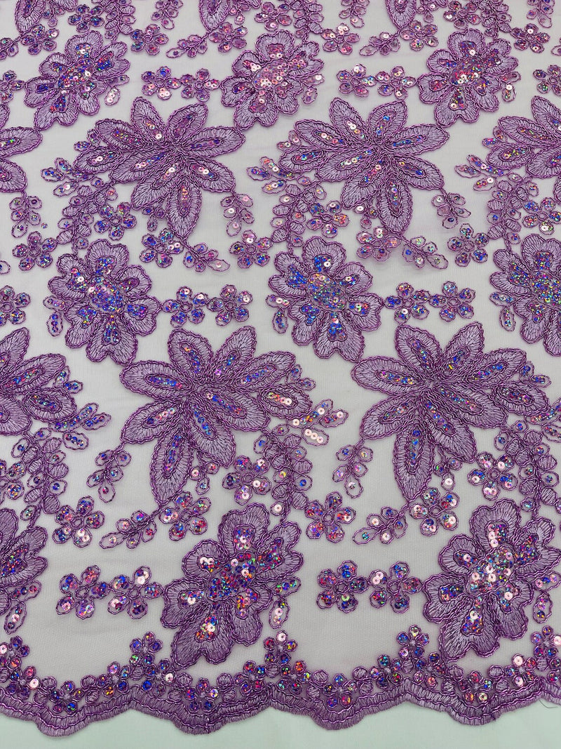 Metallic Floral Lace Fabric - Lilac - Hologram Sequins Floral Metallic Thread Fabric by Yard