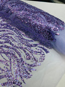 Wavy Floral Beaded Fabric - Lilac - Geometric Beaded Sequins Embroidered Fabric Sold By Yard