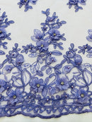 3D Floral Fabric - Lilac - Embroidered Flower with Rhinestone and Sequins Fabric Sold By Yard