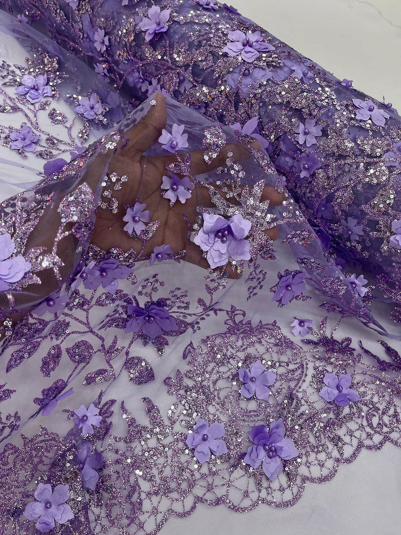 3D Glitter Floral Fabric - Lilac - Glitter Sequin Flower Design on Lace Mesh Fabric by Yard