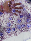Flower 3D Glitter Fabric - Lilac - Embroidered Floral Sequins Design Fabric by Yard