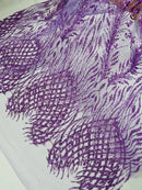 Beaded Embroidered Fabric - Lilac - Embroidered Heart and Feather Pattern Fabric Sold By Yard