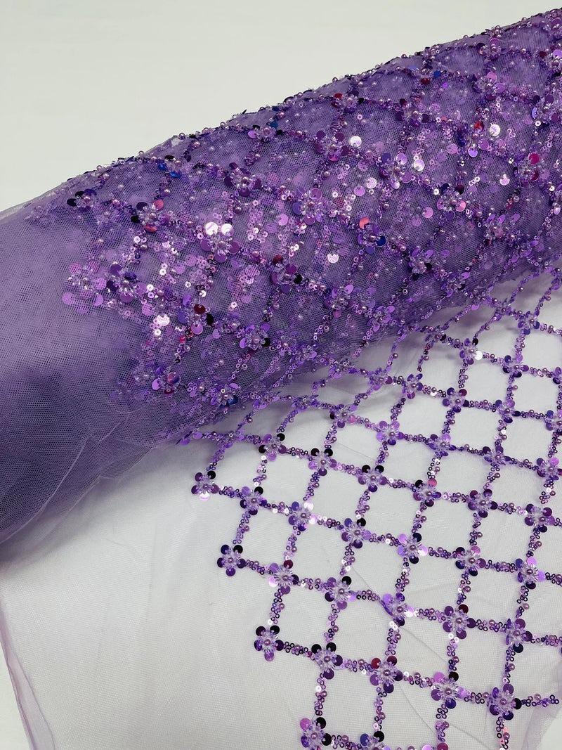 Diamond Net Bead Fabric - Lilac - Geometric Embroidery Beaded Sequins Fabric Sold By The Yard