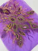 Peacock Feathers Design Lace - Lilac - Embroidered Multi-Color Peacock Lace Fabric Sold by Panel