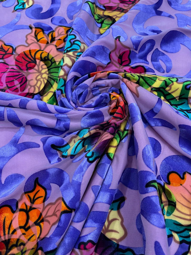Floral Burnout Stretch Velvet - Lilac - Multi-Color Velvet Burnout Fabric Sold By The Yard
