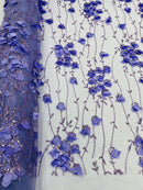 3D Floral Glitter Fabric - Lilac - 3D Sequins and Glitter Floral Design on Mesh Sold By Yard