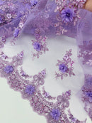 3D Floral Sequins Design - Lilac - Embroidered Floral Lace Fabric With Sequins / Pearls By Yard