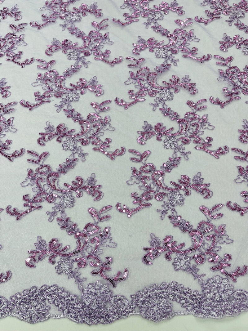 Sequin Lace Floral Fabric - Lilac - Flower Embroidered Sequins Lace Fabric Sold By Yard