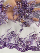 Tauros Beaded Design - Lilac - Floral Beads and Sequins Embroidered on a Mesh Sold By Yard