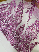 Fancy Rhinestone Glitter Fabric - Lilac - Embroidered Damask Design Glitter Mesh Fabric by Yard