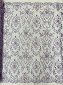 Beaded Butterfly Pattern Fabric - Lilac - Damask Fancy Bead Sequins Fabric Sold by Yard