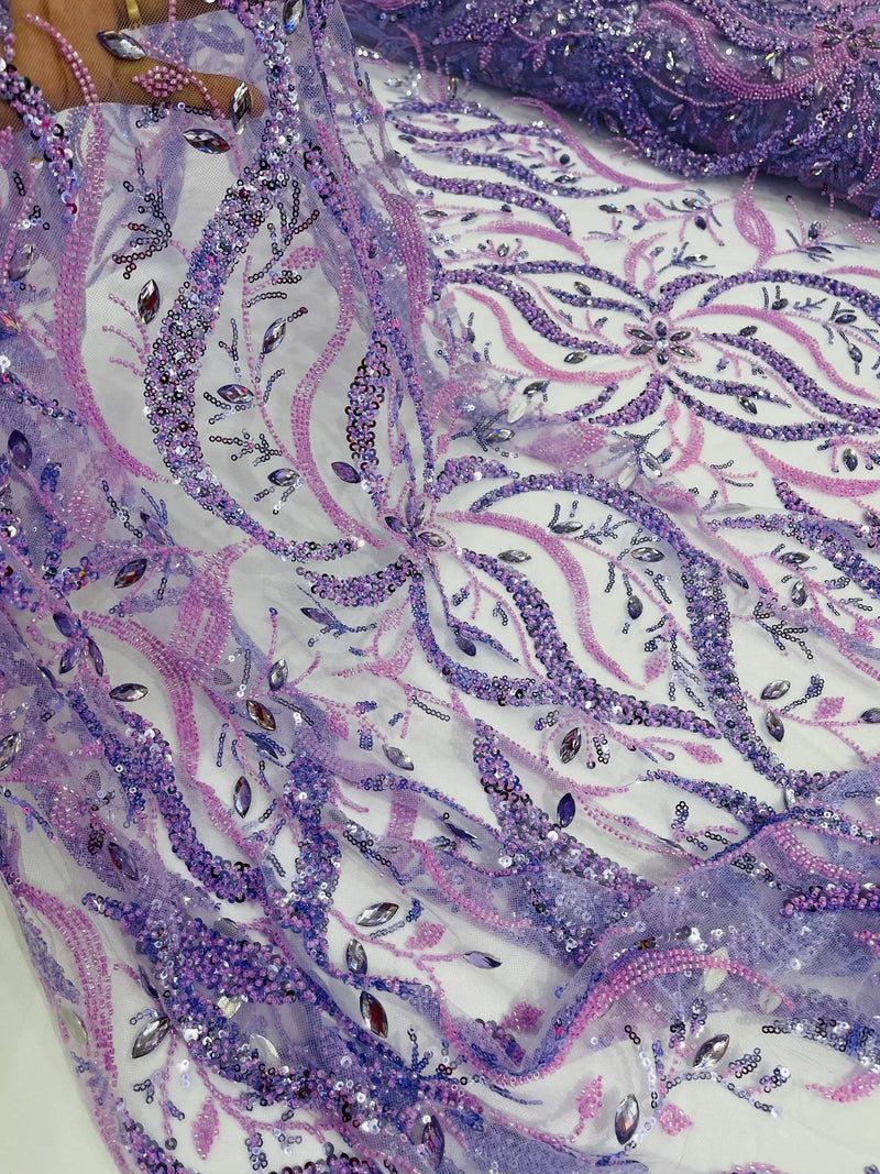 Copy of Floral & Leaf Pattern Bead Fabric - Lilac - Embroidered Beaded Rhinestone on a Mesh, Sold By Yard